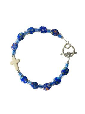 ARTISAN Cross bracelet Blue Floral glass beads Cream cross Toggle clasp